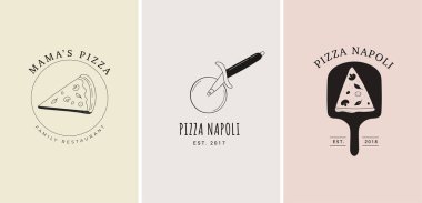 İtalyan pizza logoları, elementler, çizimler. Arisan pizza konsepti tasarımı