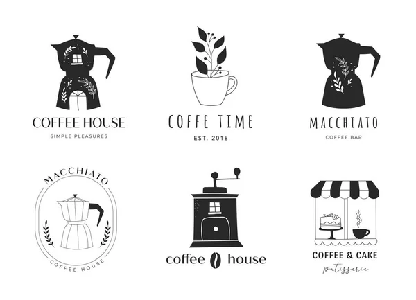 Coleção de café desenhado à mão, cafés, logotipos de lojas de café com macchinetta, moedor de grãos e xícara —  Vetores de Stock