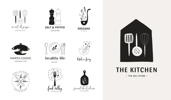 Cottura, cottura e raccolta di alimenti fatti in casa di loghi disegnati a mano. Illustrazioni moderne alla moda, caffetteria e design del logo del ristorante — Vettoriale Stock