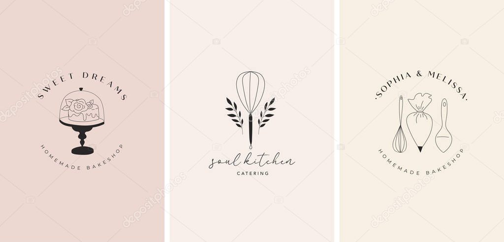 Simple and elegant homemade bakery logo collection. Hand drawn modern style logos, pastry and bread shop vector and label design