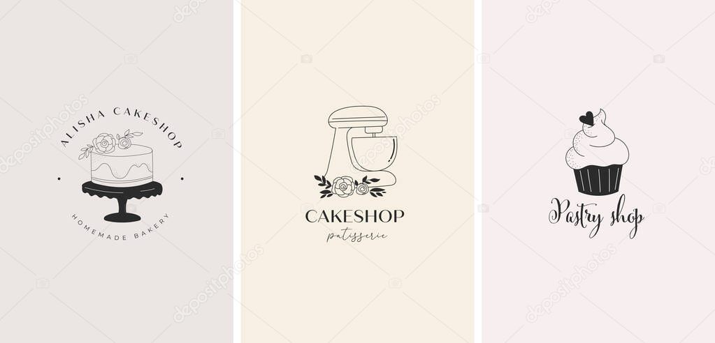 Simple and elegant homemade bakery logo collection. Hand drawn modern style logos, pastry and bread shop vector and label design. Vector illustration