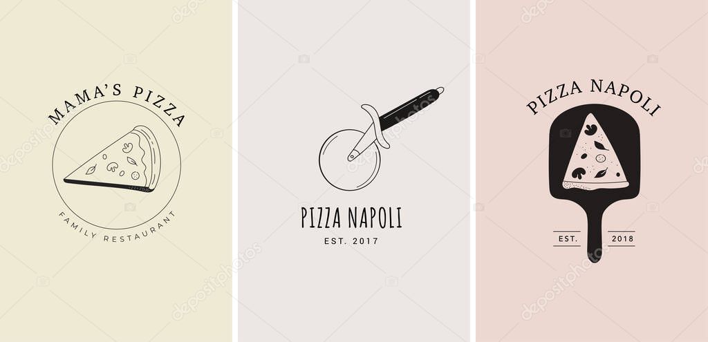 Set of trendy hand drawn Italian pizza logos, elements, illustrations. Arisan pizza concept design. Vector illustration