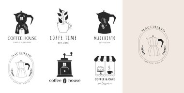 El yapımı kahve dükkanları, kafeler, kahve dükkanlarının logoları, kahve makineleri ve fincanlar. 