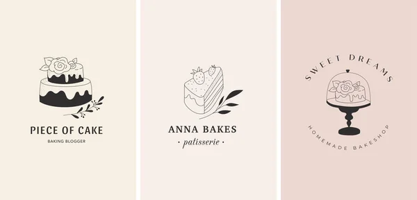 シンプルでエレガントな自家製パン屋ロゴコレクション。手描きのモダンなスタイルのロゴ、ペストリー、パン屋のベクトルとラベルデザイン — ストックベクタ