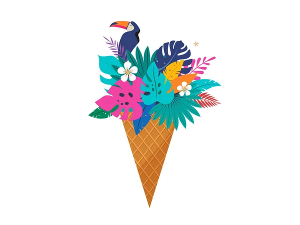 Летняя сцена с конусом мороженого, заполненным экзотическими листьями джунглей и туканом. Иллюстрация концепции Hello summer, фон и баннер — стоковый вектор