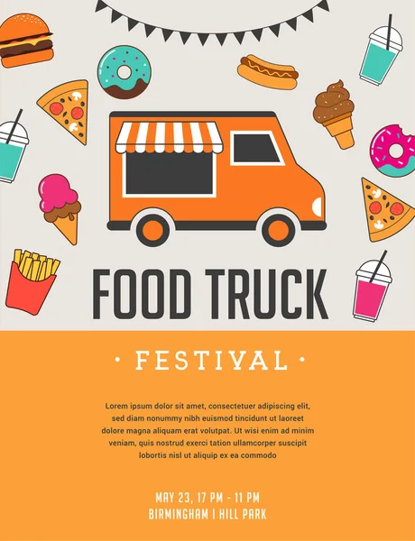 Food Truck Fair, Nachtmarkt, Sommerfest, Food and Music Street Fair, Familienfest Poster und Banner — Stockvektor