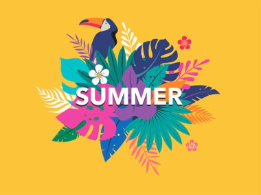 Yaz zamanı eğlence konsepti tasarımı. Manzaranın yaratıcı arka planı, orman yaprakları ve tukan manzarası. Yaz indirimi, posta şablonu