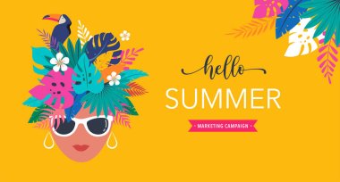 Summer time fun concept design. Creative background womans head, jungle leaves and toucan. Summer sale, post template clipart