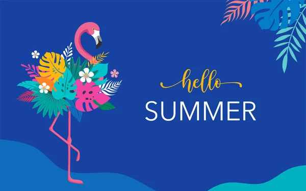 Nyári háttér és koncepció design, rózsaszín flamingó dzsungel egzotikus levelek és papagáj. Hello nyári háttér és banner — Stock Vector