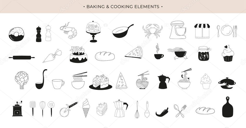 Cooking, baking and homemade food collection of hand drawn elements. Trendy modern illustrations, coffee shop and restaurant concept logos, icon design. Vector illustration