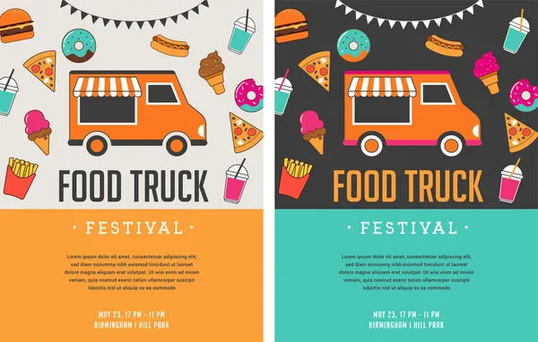 Food Truck Fair, Nachtmarkt, Sommerfest, Food and Music Street Fair, Familienfest Poster und Banner — Stockvektor