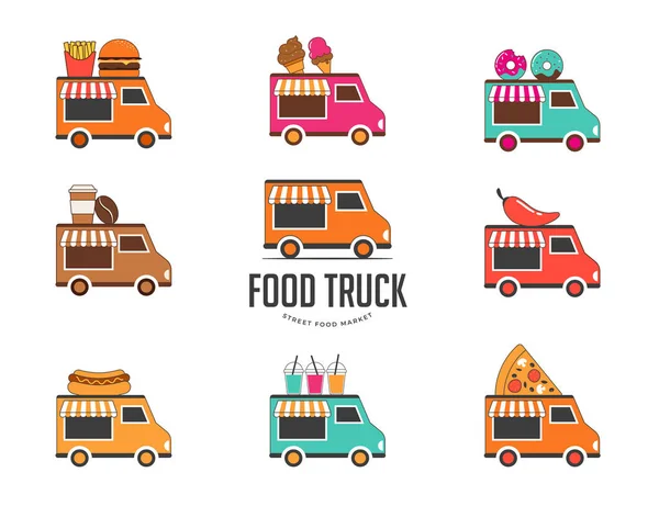 Food Truck Fair, Nachtmarkt, Sommerfest, Food and Music Street Fair, Familienfest Poster und Banner — Stockvektor