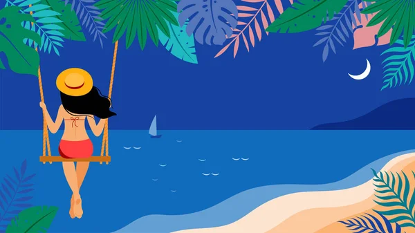 Escena de verano, mujer joven sentada en columpio en la playa, mirando al mar. Hola fondo de verano y bandera — Vector de stock