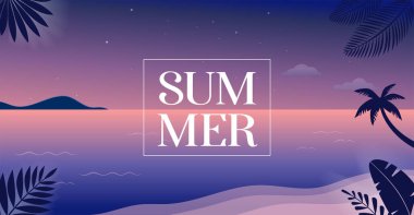 Yaz zamanı eğlence konsepti tasarımı. Manzaranın yaratıcı arka planı, gece, akşam deniz ve sahil manzarası. Yaz indirimi, posta şablonu
