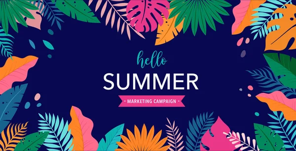 Hello Summer concept design, letnia panorama, abstrakcyjna ilustracja z egzotycznymi liśćmi dżungli, kolorowy design, letnie tło i baner — Wektor stockowy