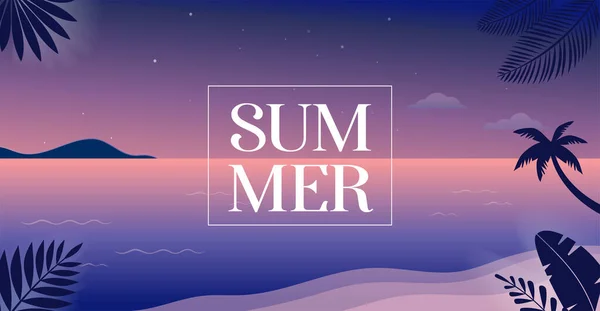 Diseño de concepto divertido horario de verano. Fondo creativo de paisaje, noche, panorama nocturno de mar y playa. Venta de verano, plantilla de post — Archivo Imágenes Vectoriales