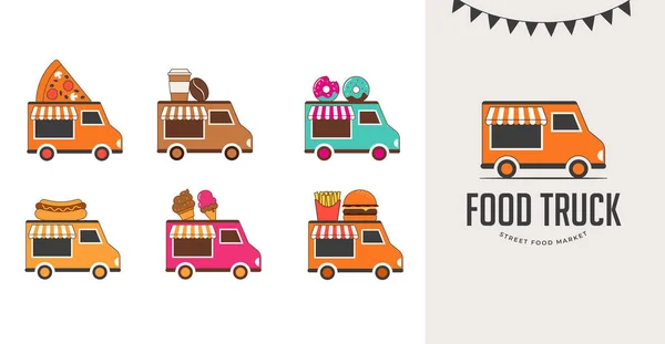 Food truck vásár, Éjszakai piac, Nyári fesztivál, Food and music street vásár, családi fesztivál plakát és banner — Stock Vector