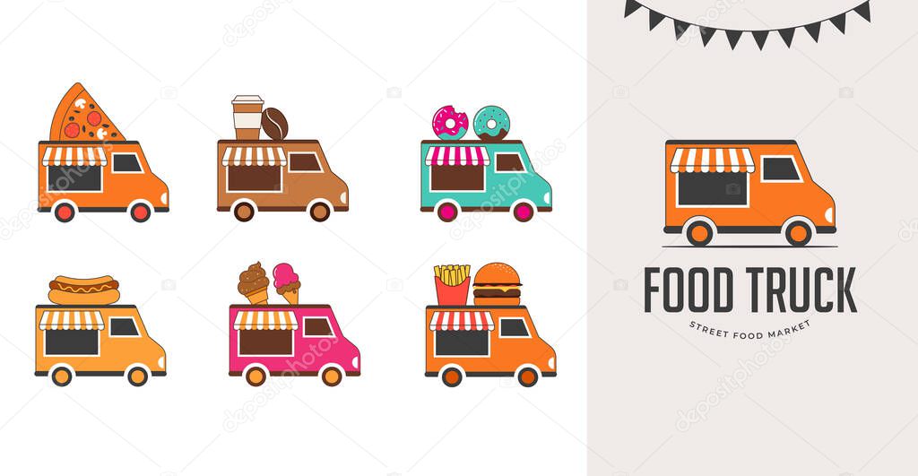 Food truck fair, Night market, Summer fest, food and music street fair, family festival poster and banner colorful design