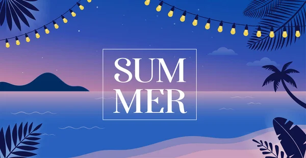 Diseño de concepto divertido horario de verano. Fondo creativo de paisaje, noche, panorama nocturno de mar y playa. Venta de verano, plantilla de post — Archivo Imágenes Vectoriales