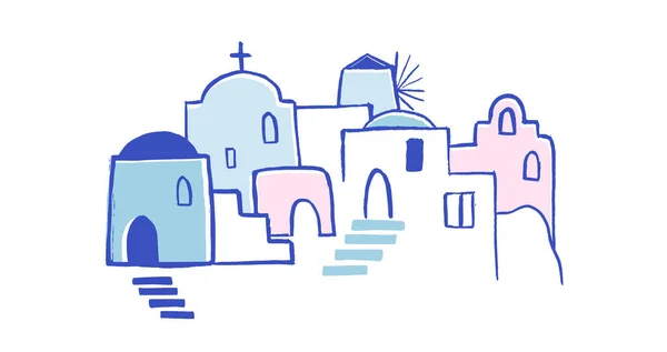 Grecia ilustración dibujada a mano. Santorini calles del casco antiguo, casas e iglesias tradicionales y famosas con cúpulas azules — Vector de stock