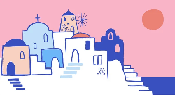 Grecia illustrazione disegnata a mano. Strade del centro storico di Santorini, case e chiese tradizionali e famose con cupole blu — Vettoriale Stock