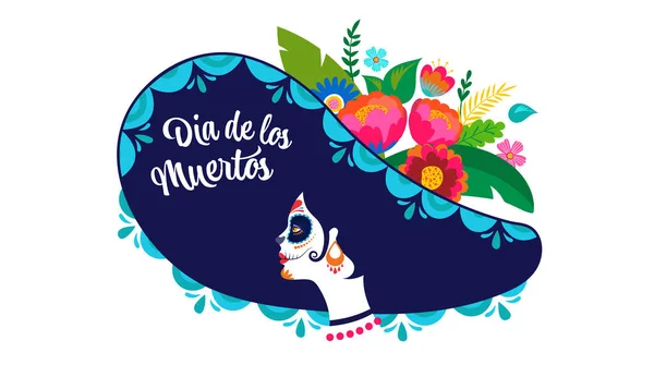 Dia de los muertos, Dag van de doden, Mexicaanse feestdag, festival. Affiche, banner en kaart met suikerschedel, vrouw met bloemkroon. Halloween concept ontwerp — Stockvector