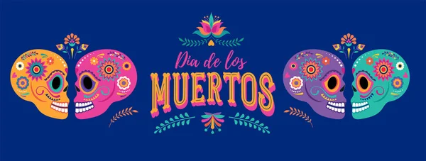 Dia dos mortos, Dia de los muertos, banner com flores mexicanas coloridas. Fiesta, cartaz de feriado de Halloween, panfleto de festa, cartão engraçado — Vetor de Stock