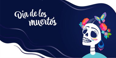 Dia de los muertos, Ölüler Günü, Meksika bayramı, festival. Poster, pankart ve şeker kafatası, çiçek taçlı kadın. Cadılar Bayramı konsepti tasarımı