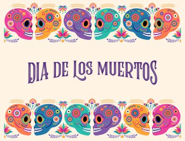 Ölüler günü, Dia de los muertos, renkli Meksika çiçekleriyle pankart. Fiesta, Cadılar Bayramı afişi, parti ilanı, komik tebrik kartı.