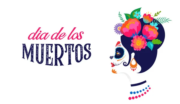 Día de los muertos, Día de los muertos, fiesta mexicana, festival. Cartel, estandarte y tarjeta con maquillaje de cráneo de azúcar, mujer con corona de flores. Diseño de concepto de Halloween — Archivo Imágenes Vectoriales