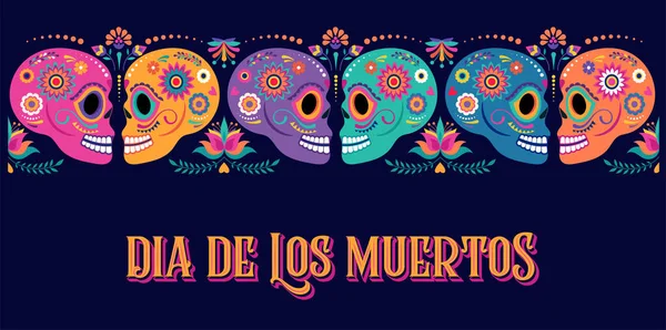 Hari kematian, Dia de los muertos, spanduk dengan bunga-bunga Meksiko berwarna-warni. Fiesta, poster liburan Halloween, brosur pesta, kartu ucapan lucu - Stok Vektor