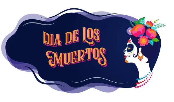 Día de los muertos, Día de los muertos, fiesta mexicana, festival. Cartel, estandarte y tarjeta con maquillaje de cráneo de azúcar, mujer con corona de flores. Diseño de concepto de Halloween — Vector de stock