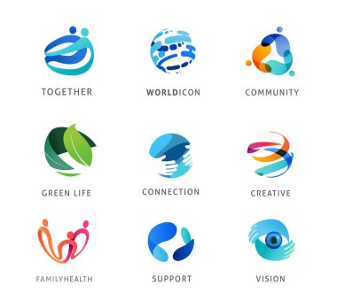 Logo seti, yaratıcı, teknoloji, biyoteknoloji, teknoloji ikonları tasarımı. Yaratıcılığın, toplumun, fikirlerin ve desteğin renkli soyut logoları 