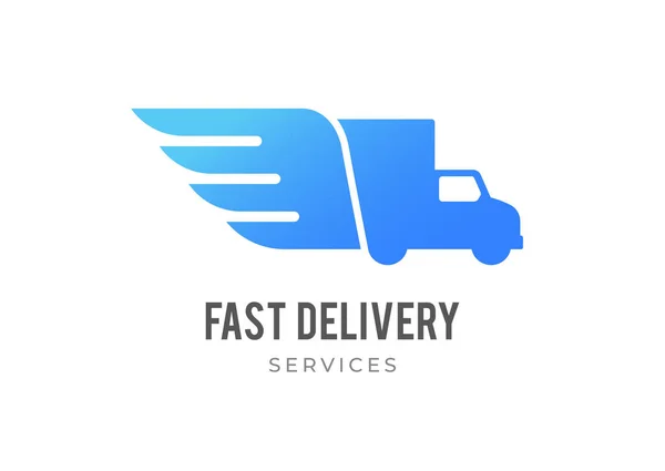 Modré logo dodávky, kamion s křídly, emblémem a koncepcí ikon — Stockový vektor