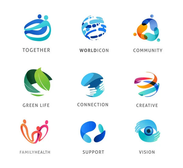 Conjunto de logotipo, criativo, tecnologia, biotecnologia, design de conceito de ícones de tecnologia. Logotipos abstratos coloridos de criatividade, comunidade, ideias e suporte — Vetor de Stock