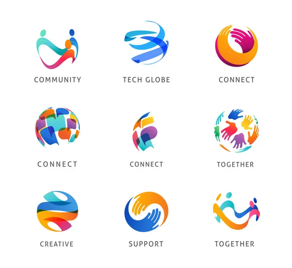 Logotipo conjunto, creativo, tecnología, biotecnología, iconos de la tecnología concepto de diseño. Logotipos abstractos coloridos de creatividad, comunidad, ideas y apoyo — Vector de stock