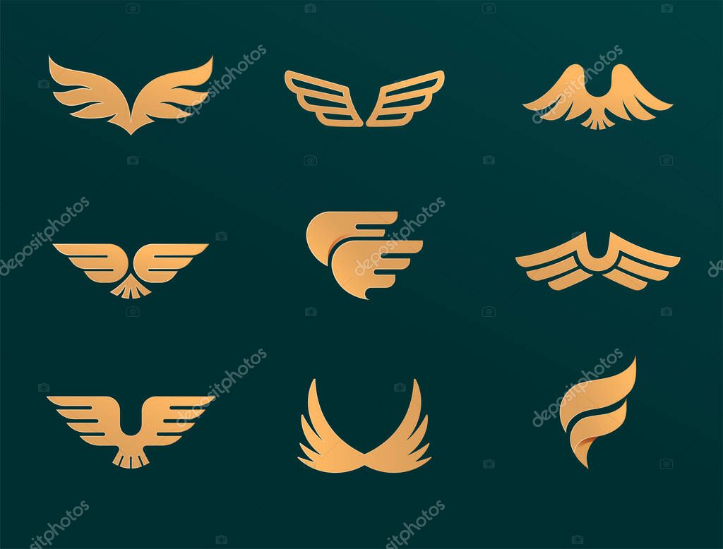 Collection of gold wings logos, icons and symbols. Fast delivery, motion and speed concept. Vector illustration