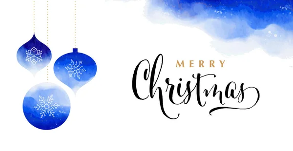 Feliz Navidad fondo azul con decoraciones de Navidad. Colección de diseño de letras de acuarela vectorial con ilustración elegante — Archivo Imágenes Vectoriales