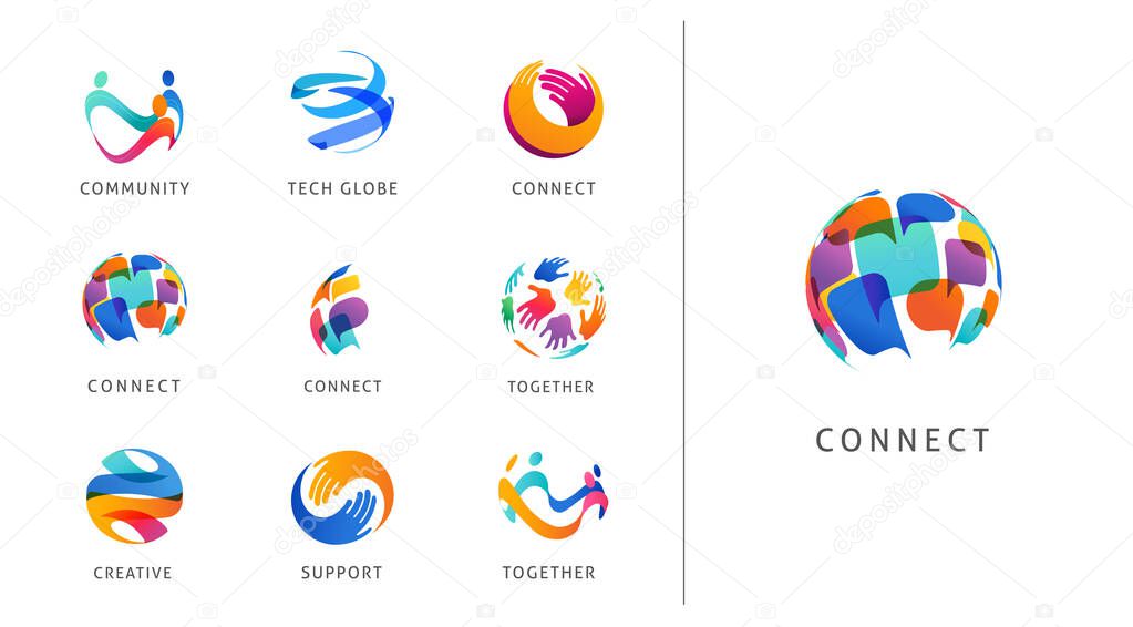 Logo set, creative, technology, biotechnology, tech icons concept design. Colorful abstract logos of creativity, community, ideas and support . Vector illustration