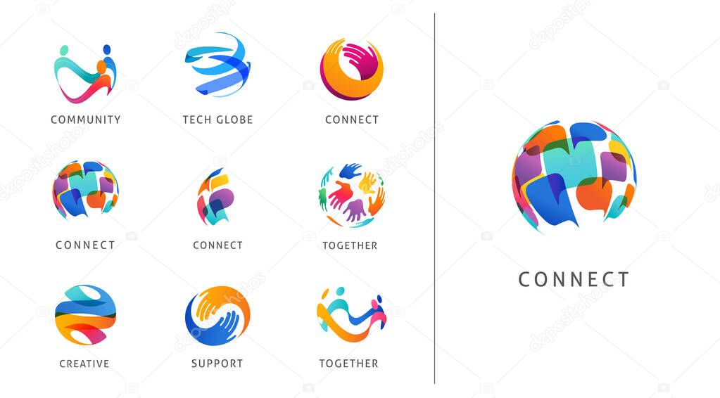 Logo set, creative, technology, biotechnology, tech icons concept design. Colorful abstract logos of creativity, community, ideas and support 