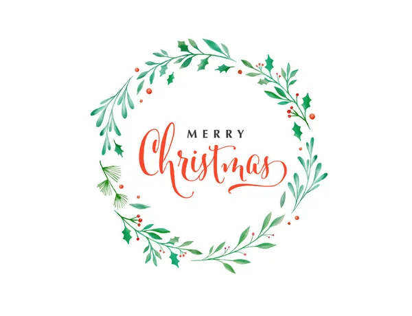 Frohe Weihnachten. Vector Aquarell Schriftzug Design mit eleganter Kranz-Illustration — Stockvektor