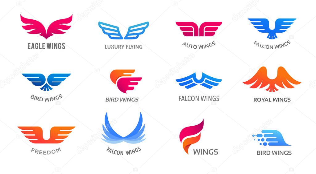 Collection of wings logos, icons and symbols. Fast delivery, motion and speed concept. Vector illustration