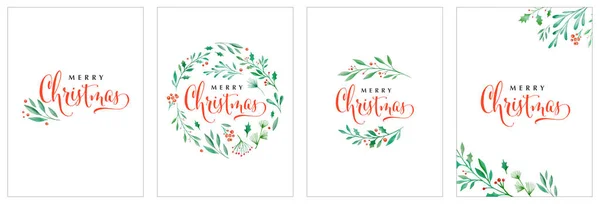 Merry Christmas background. Collection of Vector watercolor lettering design with elegant wreath illustration — Stock Vector