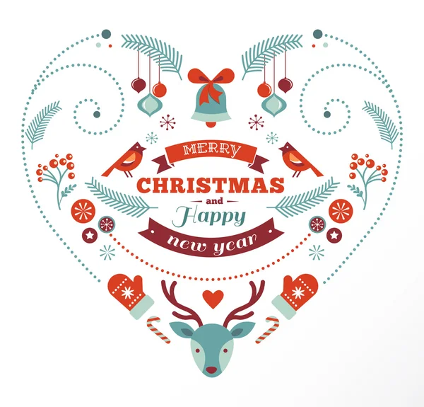 Corazón de diseño navideño con pájaros, elementos, cintas y ciervos — Vector de stock