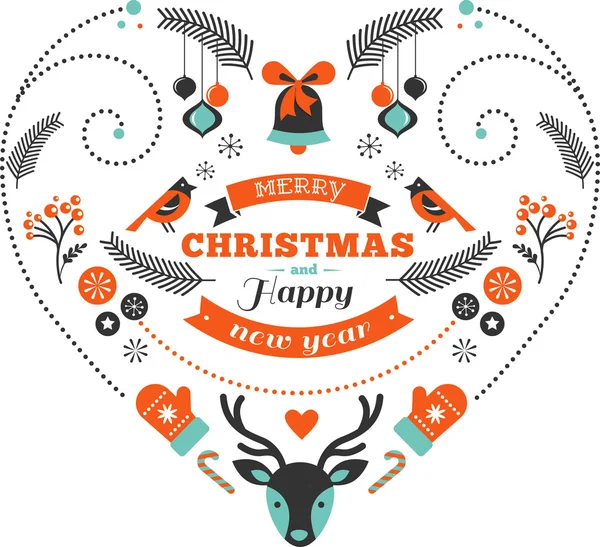 Coeur design de Noël avec oiseaux, éléments, rubans et cerfs — Image vectorielle
