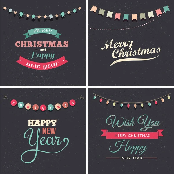 Design natalizio vintage con tipografia e ghirlande — Vettoriale Stock