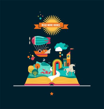 Peri masalı öğeler ve simgeler ile açık kitap