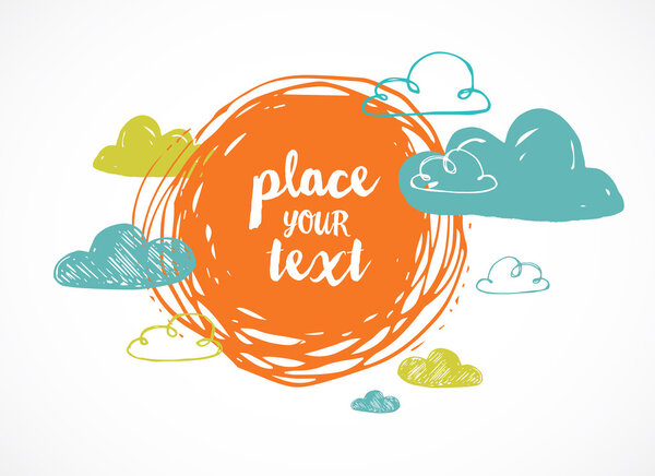 Векторный ручной рисунок солнца на фоне облаков
