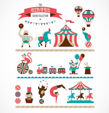 vintage huge circus collection with carnival, fun fair, vector icons and background clipart