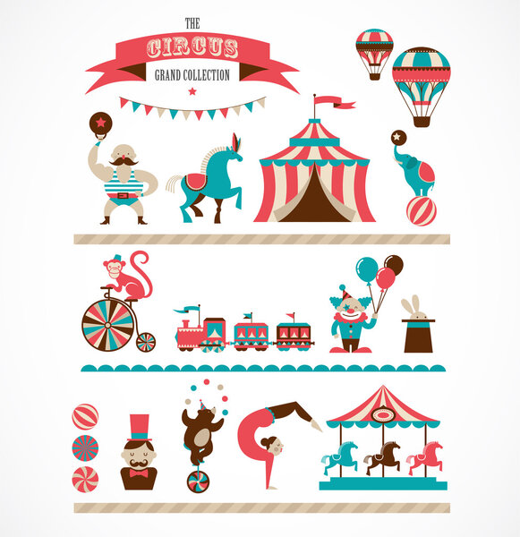 vintage huge circus collection with carnival, fun fair, vector icons and background